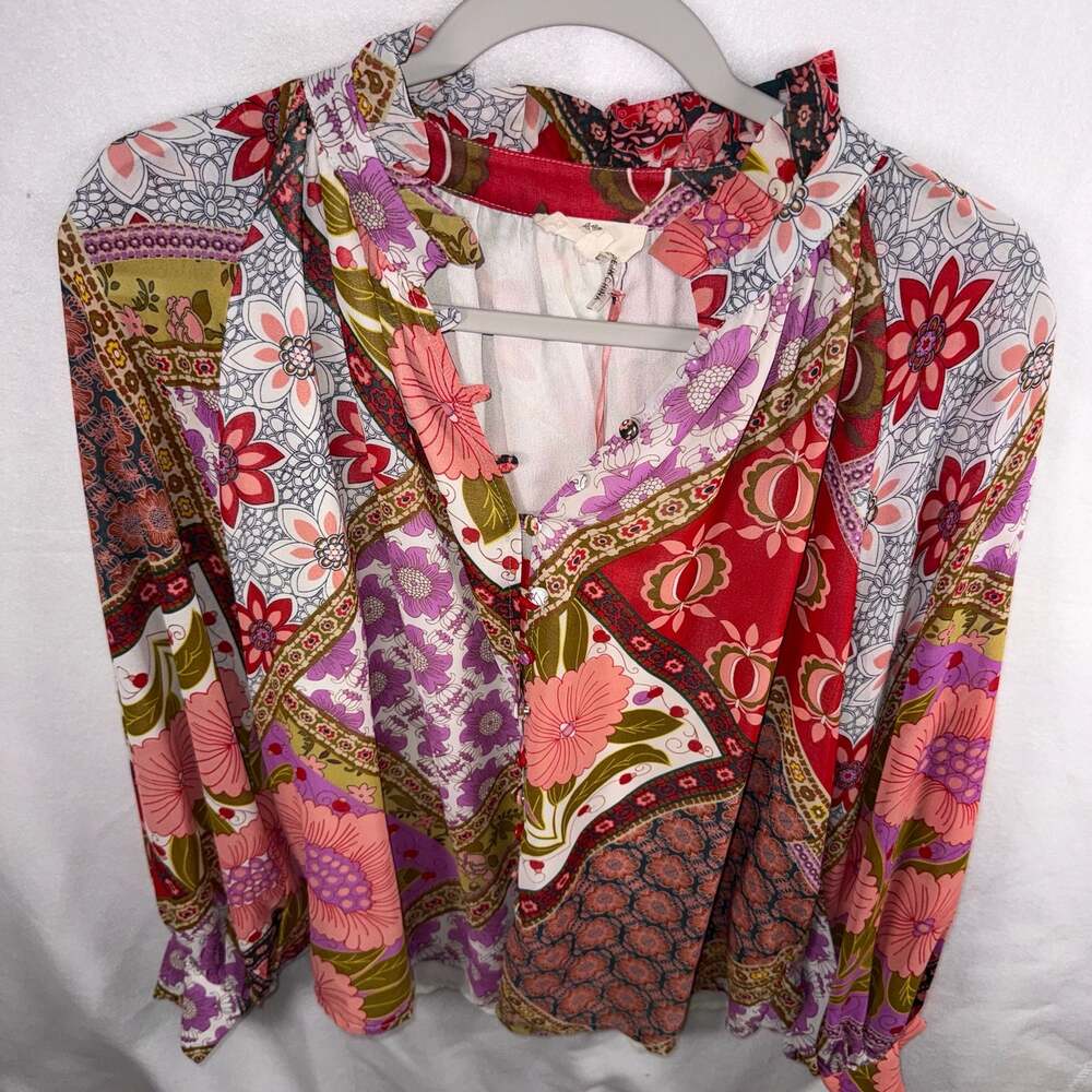 Entro Boho Floral Patchwork Print Long Sleeve Boho Blouse - Small